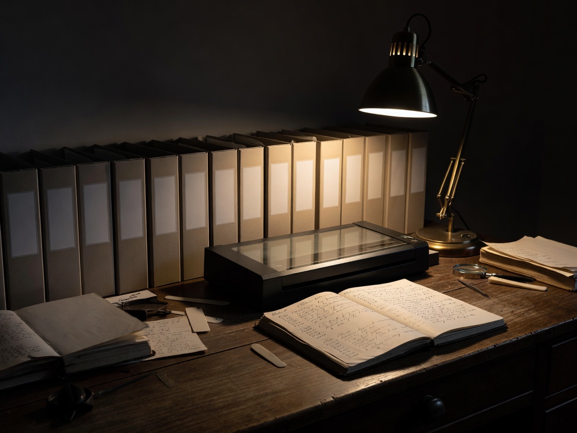 Archivist's workbench with labelled storage boxes, a scanner and a notebook of handwritten dates under a low desk lamp