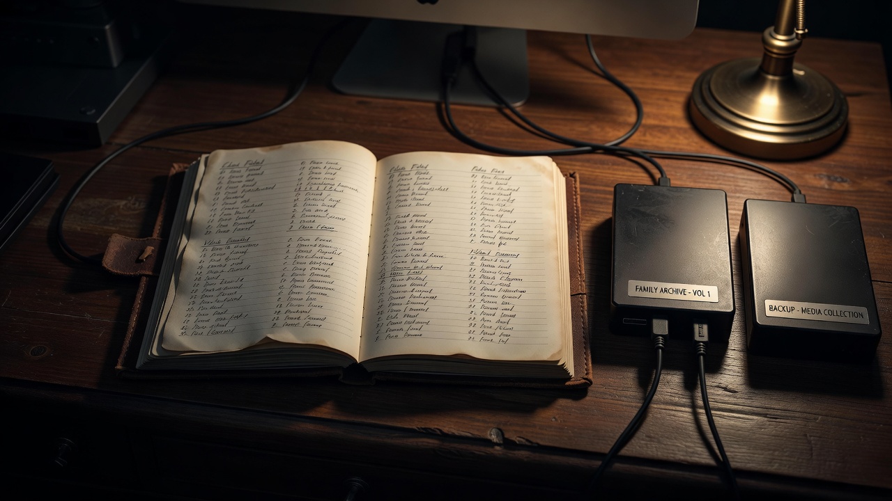 Notebook listing a family's media collection beside two labelled hard drives on a dark desk in a pool of lamplight