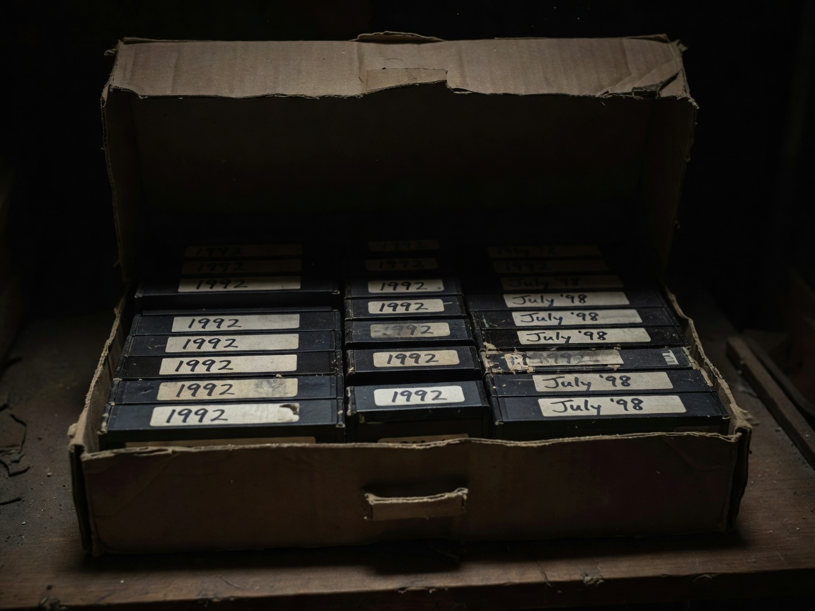 Open archival box of labelled VHS and MiniDV family tapes in deep shadow with handwritten dates visible on the spines