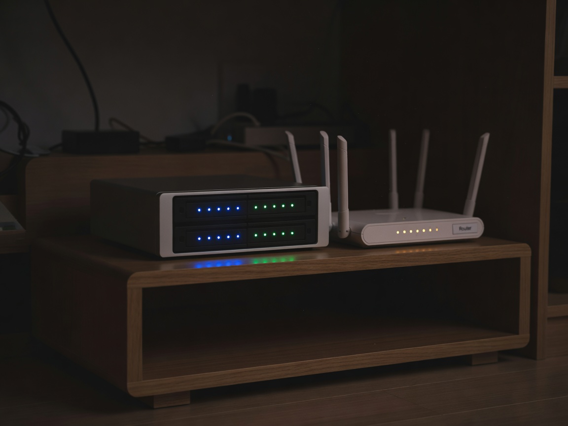 Compact two-bay network storage box on a low shelf in a dim room, its status lights glowing beside a labelled router