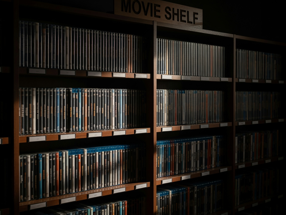 Shelf of DVD and Blu-ray cases sorted alphabetically with small printed labels, lit dramatically from one side