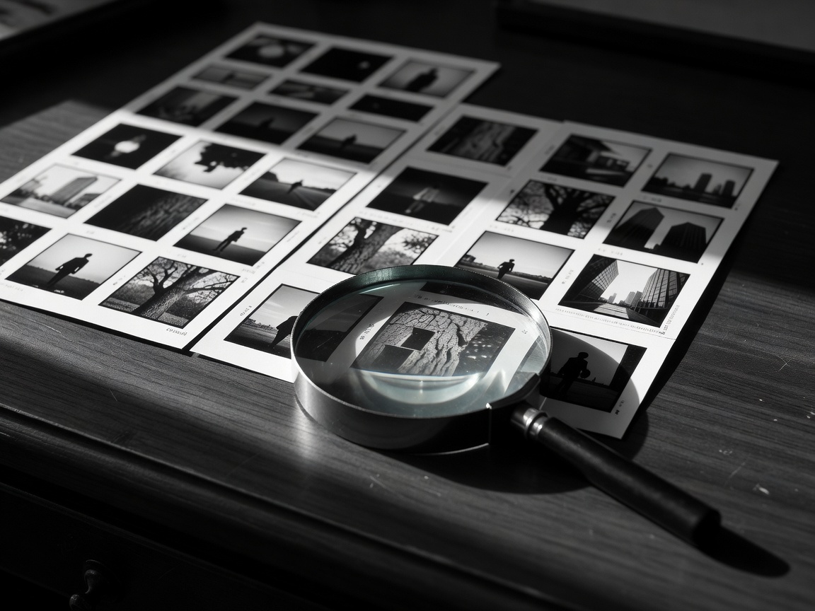 Black-and-white photo contact sheets under a magnifying loupe on a dark desk with strong side lighting